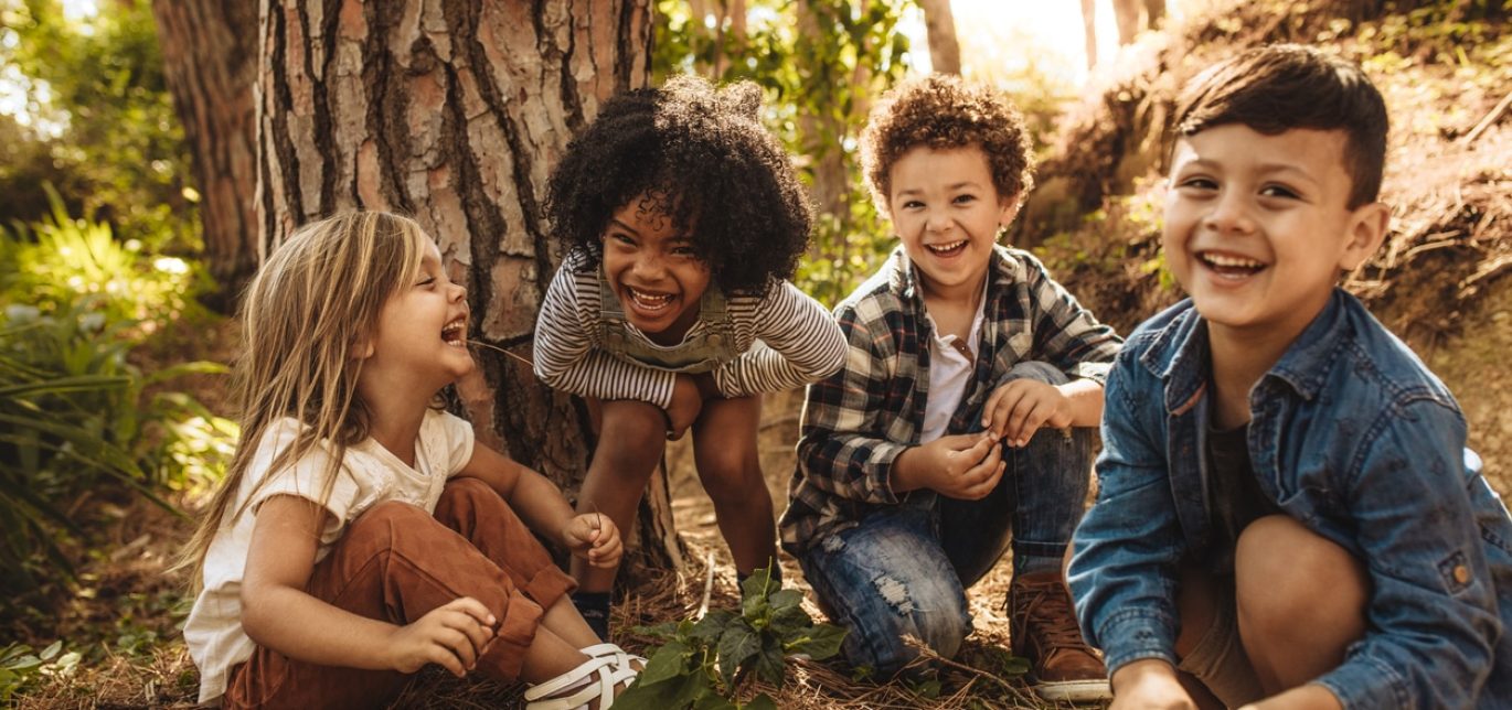 Group of cute kids playing in forest